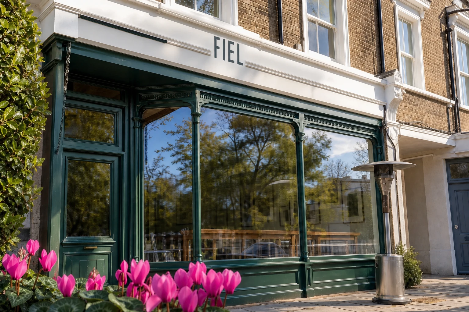 Restored dark-green FIEL restaurant frontage on Wandsworth Common