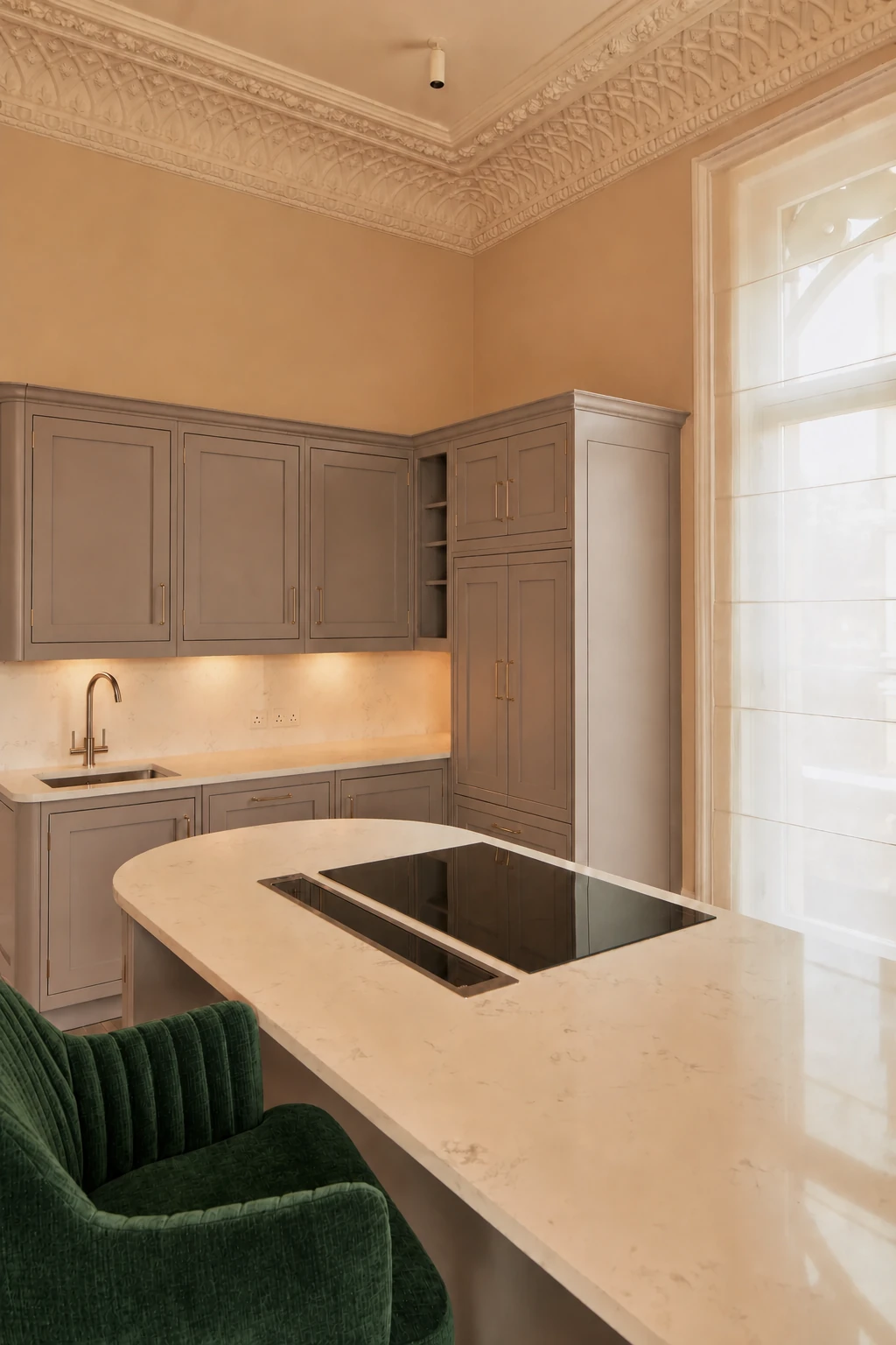 Completed warm mushroom taupe kitchen with a dark green chair at Thornton Place