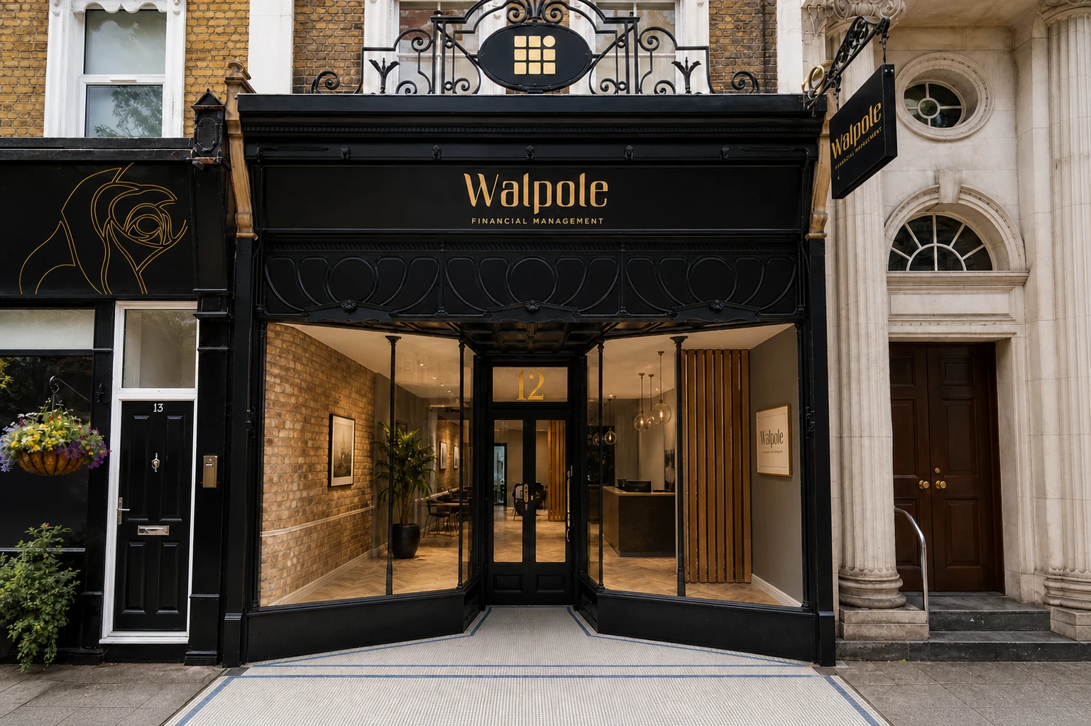 Restored Walpole commercial office frontage with its ornate black shopfront and recessed entrance